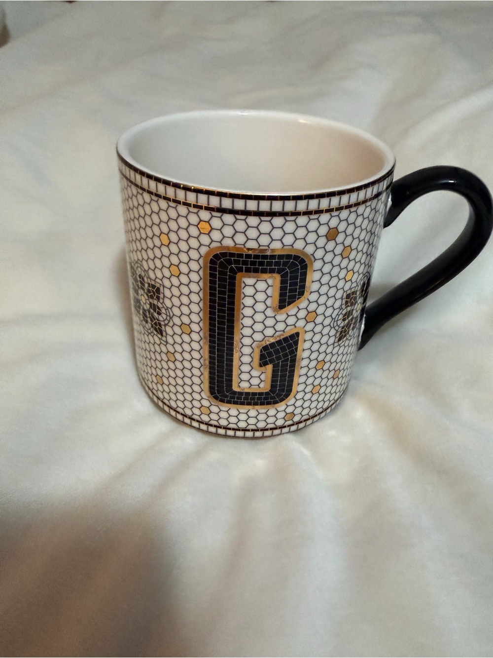 Anthropologie Bistro Monogram 'G' Ceramic Coffee Mug in Black and Gold